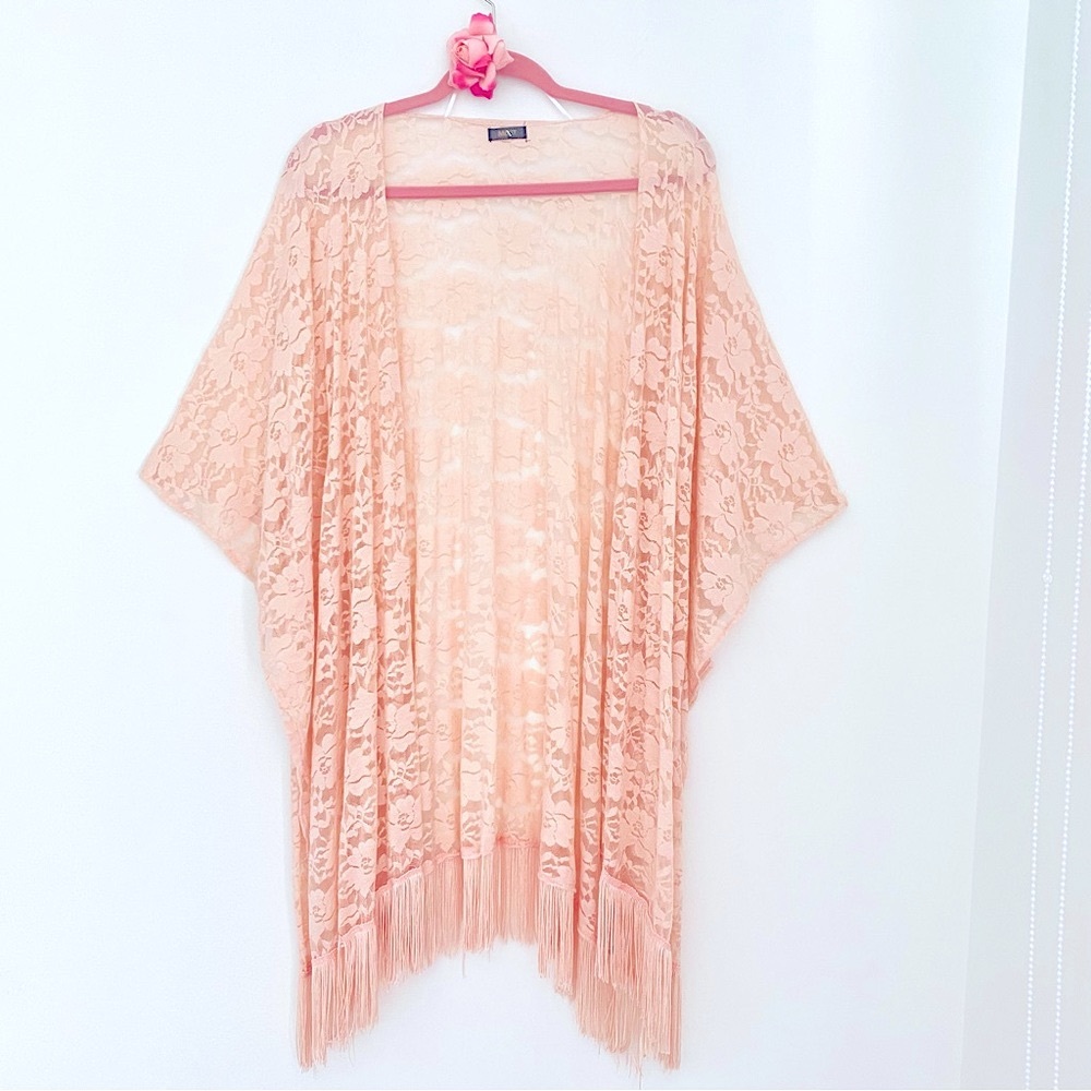 💕Pretty Pink Floral Lace Cover-Up with fringe SZ OS